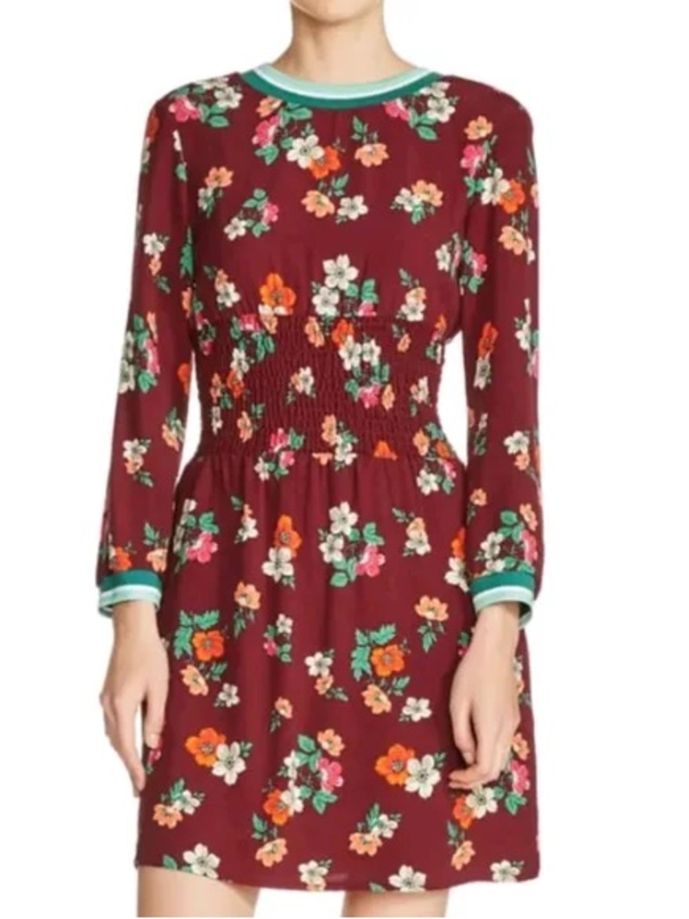 Maje Women's Floral Long-Sleeve Burgundy Smocked Waist Dress